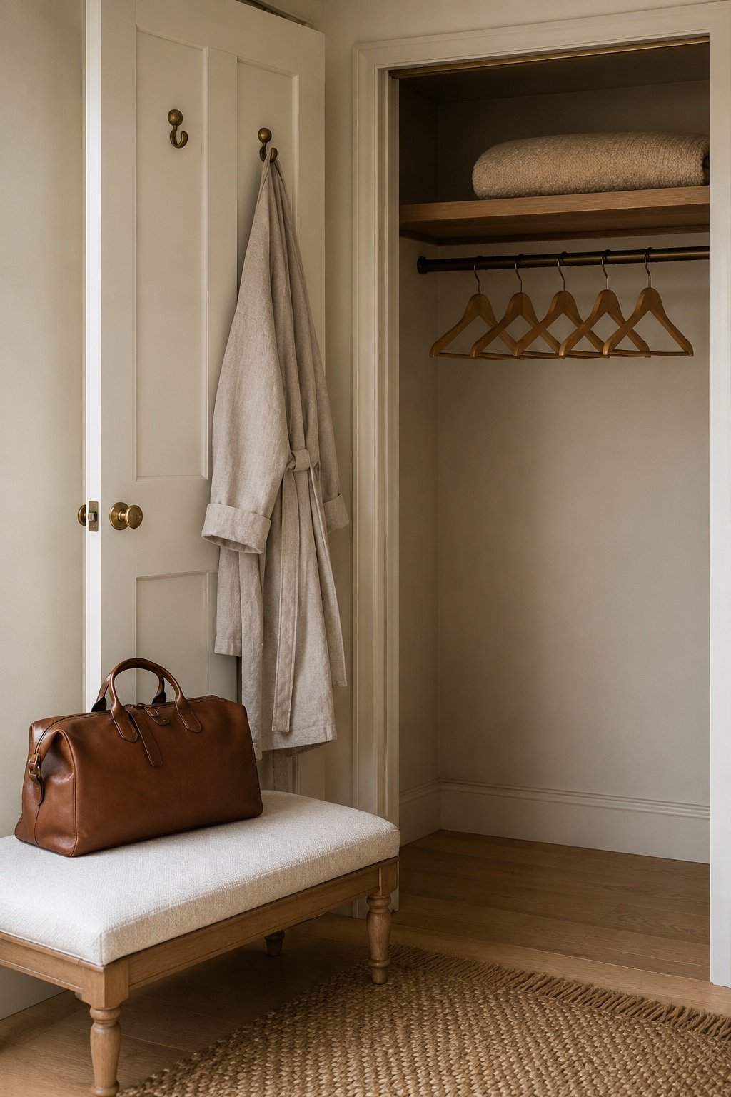 Nearly empty guest closet with five matching hangers, a bench and a robe on a brass hook