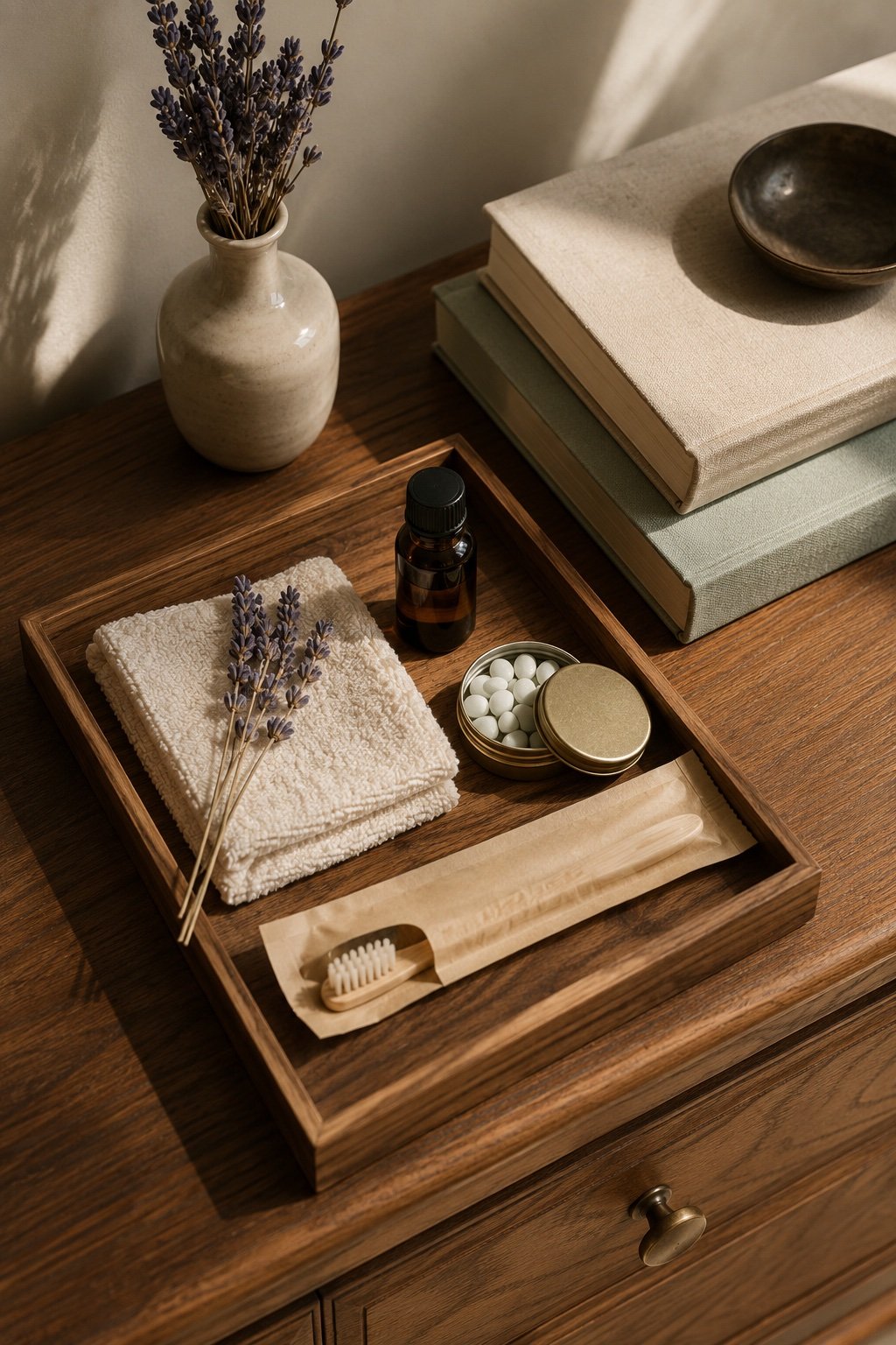 Wooden tray of guest amenities with a new toothbrush, a tin and a sprig of dried lavender