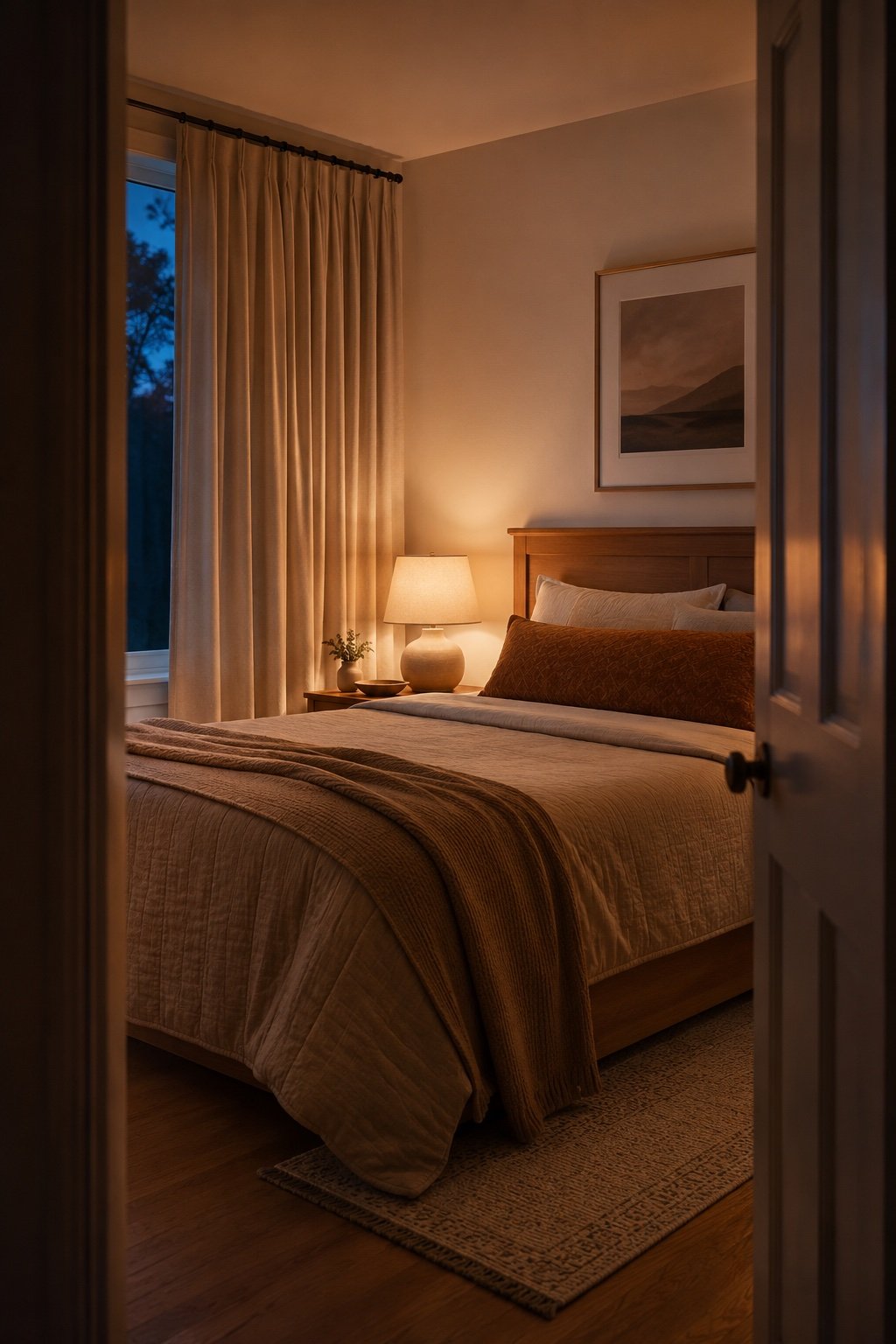 Finished guest room at dusk seen from the doorway with the bedside lamp left glowing