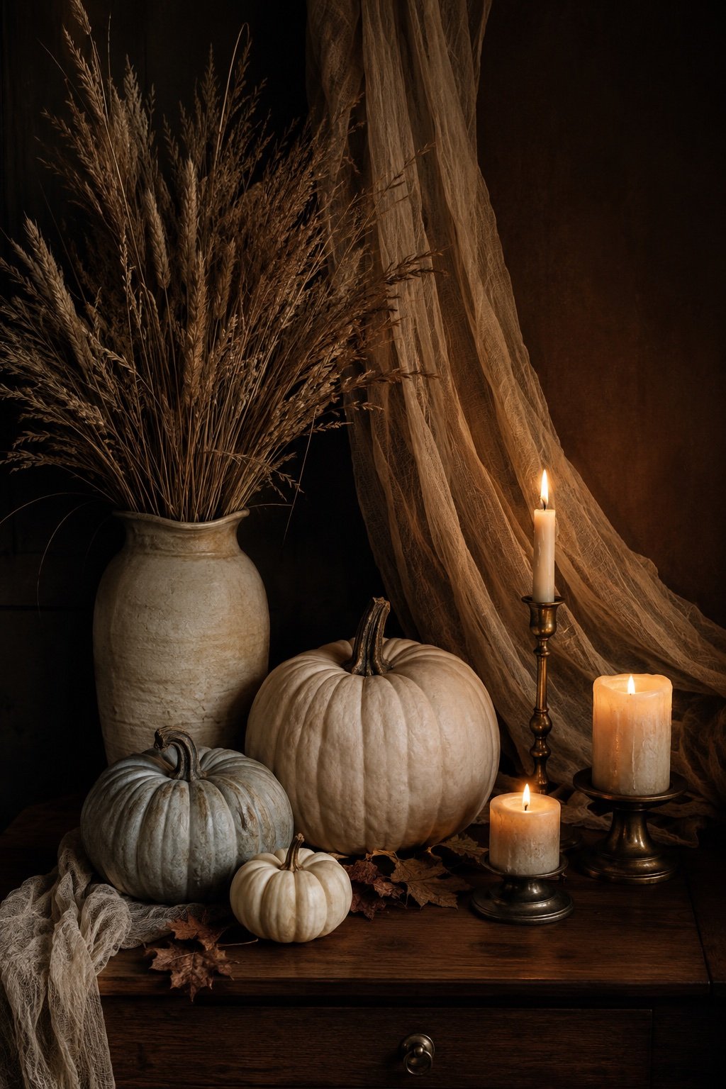 October vignette with pale pumpkins, dried wheat and candles at three heights on a console