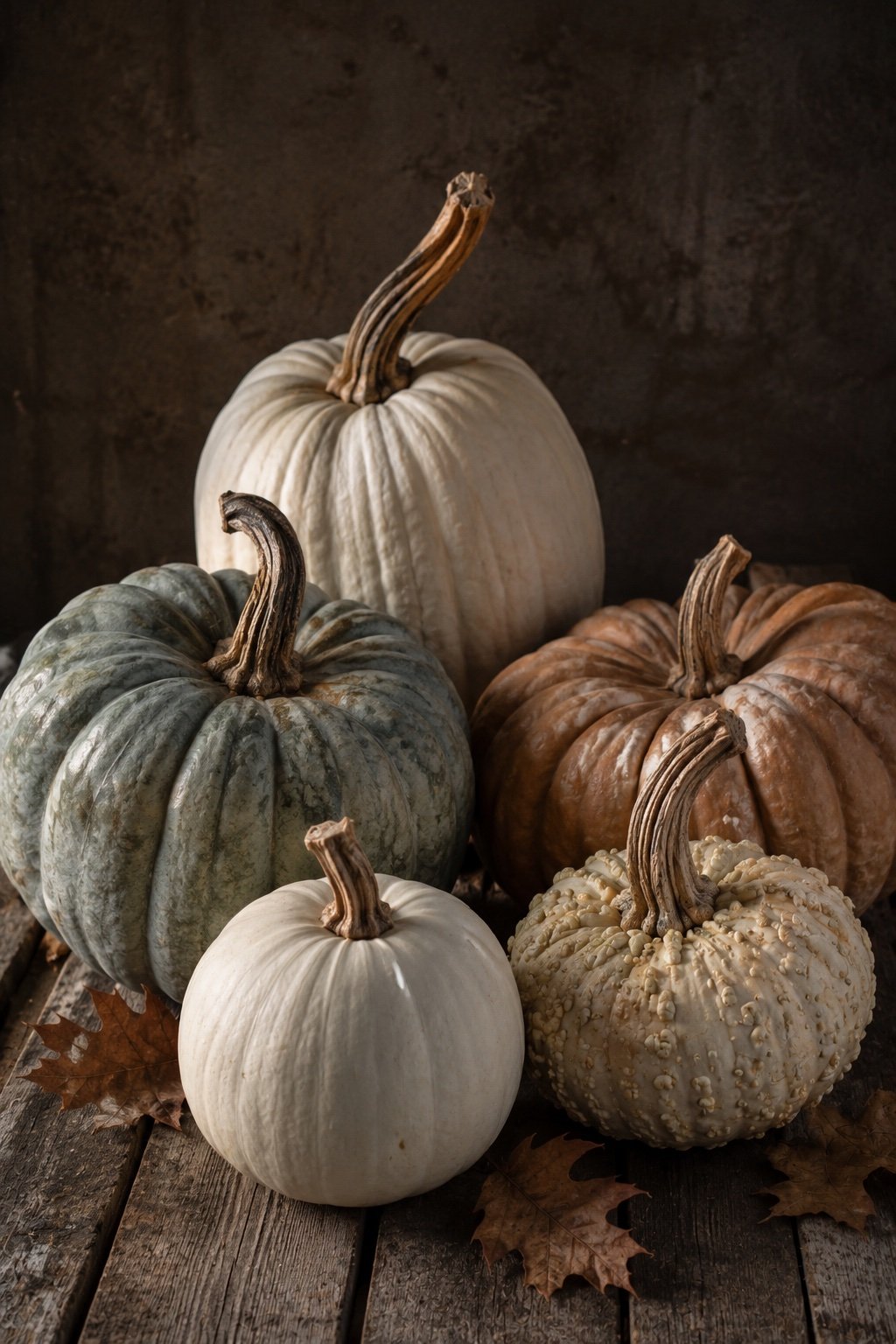 Five heirloom pumpkins in bone white, blue gray and cinnamon grouped on weathered wood