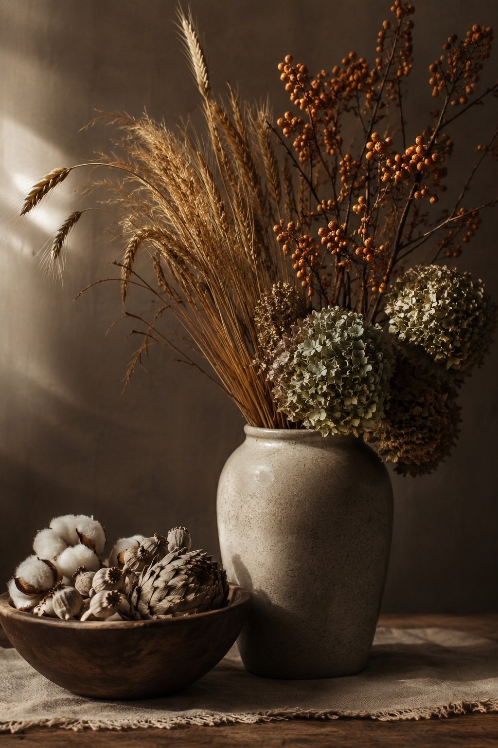 Stoneware vase of dried wheat and bittersweet beside a wooden bowl of pods and cotton stems