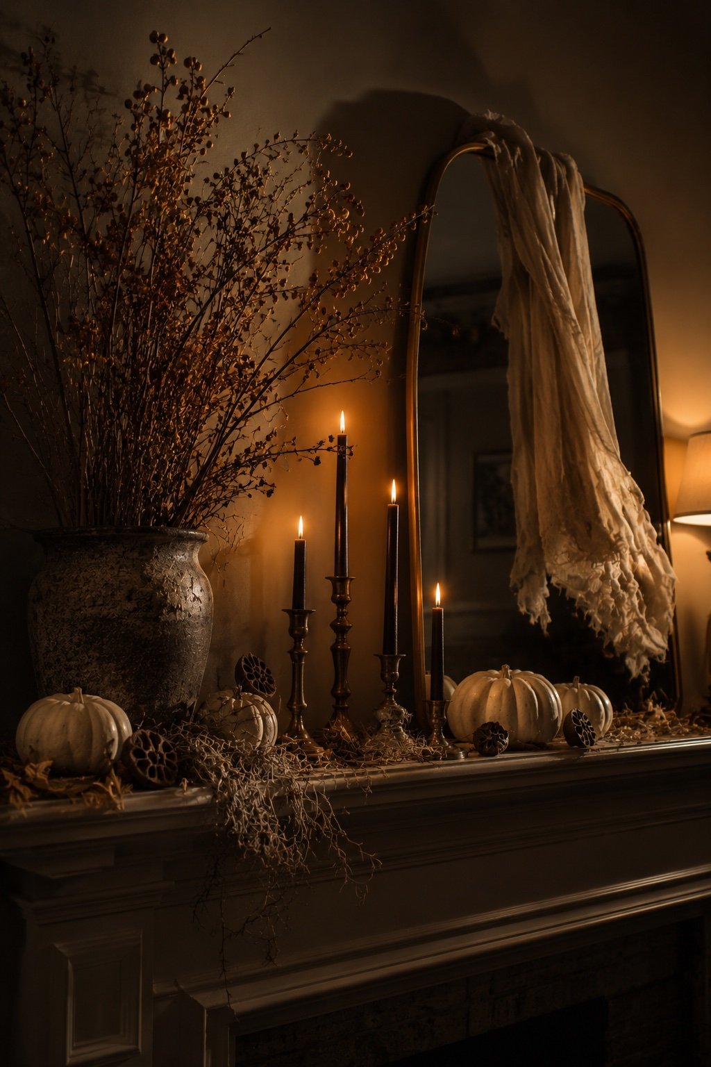 October mantel with brass candlesticks, black tapers, pale pumpkins and draped gauze