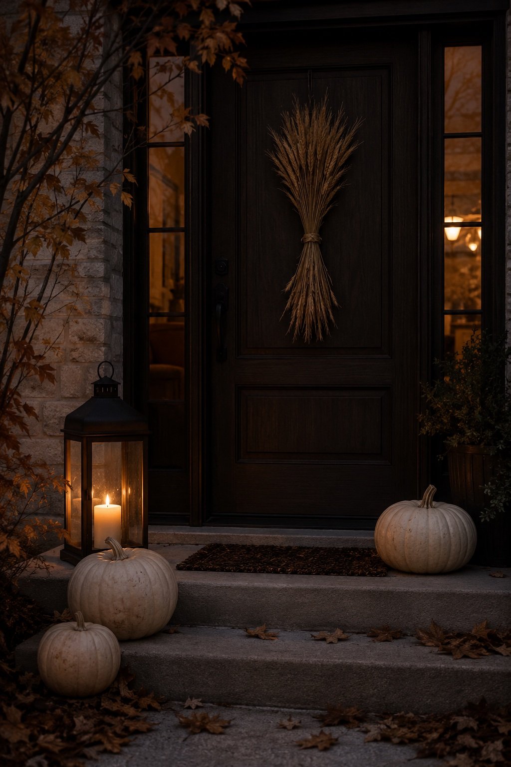 Front doorstep at dusk with pale pumpkins, a wheat bundle on the door and a lit lantern