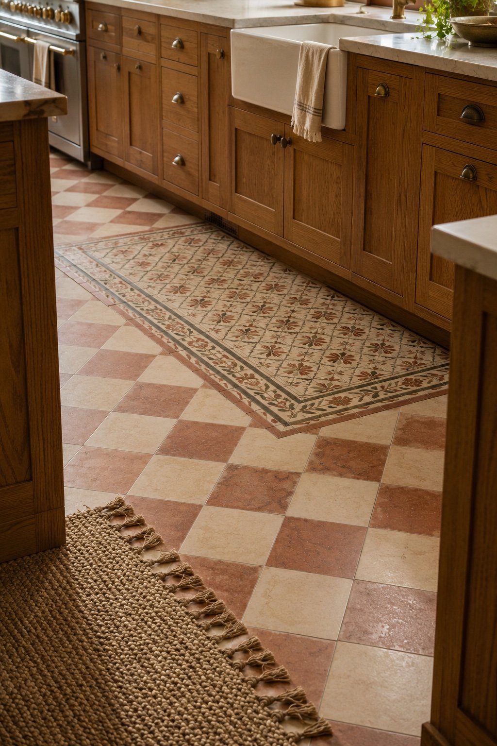Kitchen floor with a muted terracotta and cream checkerboard set on the diagonal