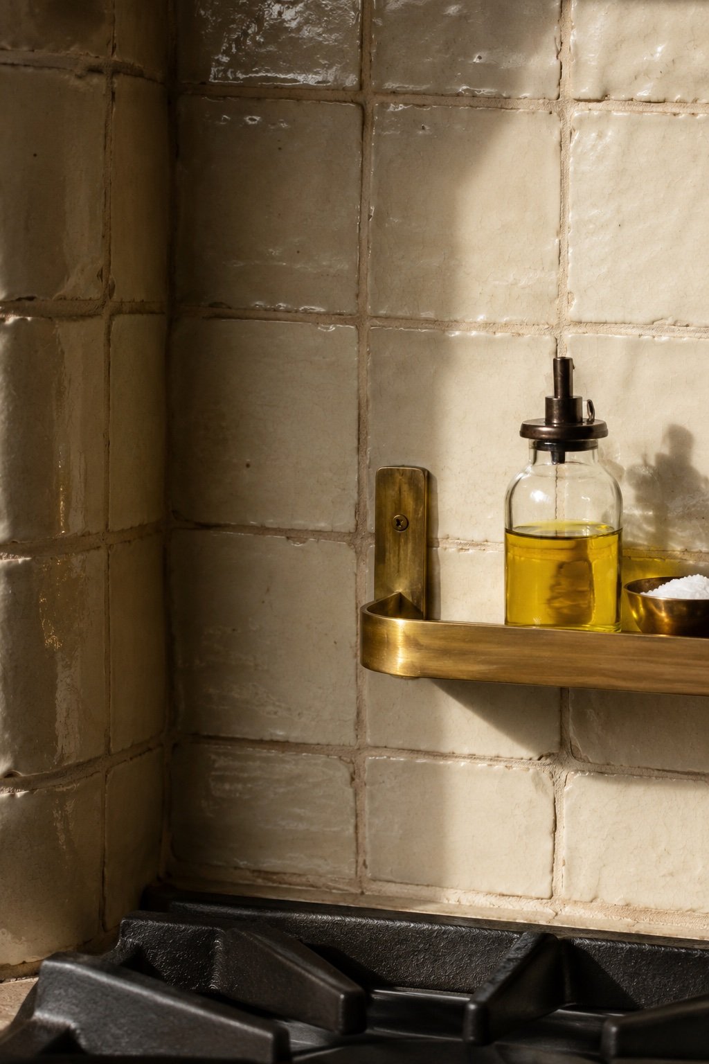 Close detail of cream zellige tile with warm beige grout and visible crackle glaze