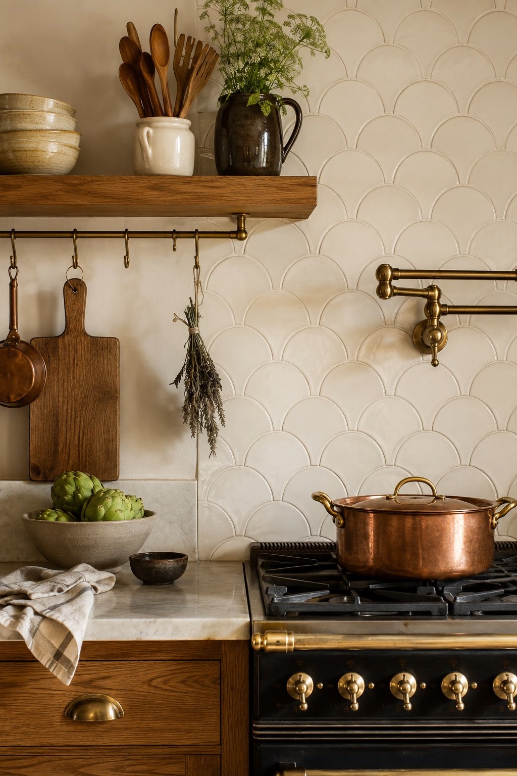 Cream scalloped fish-scale backsplash behind a range with picket and square tile
