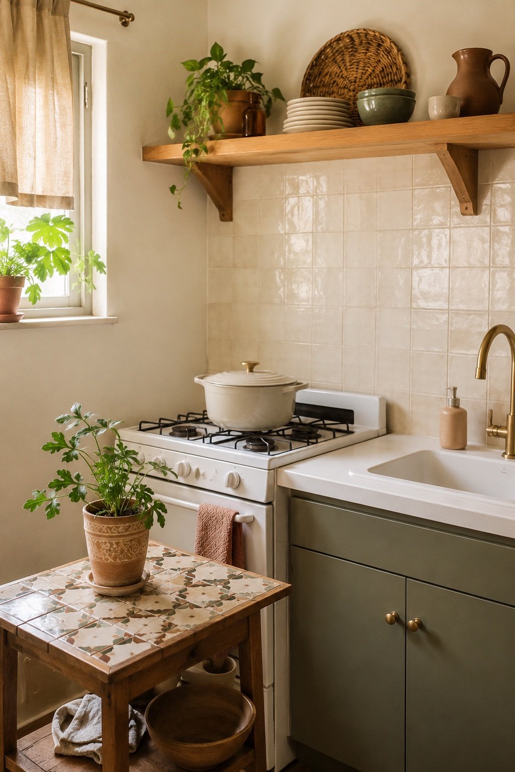 Small rental kitchen with a peel-and-stick cream zellige-look backsplash and open shelf