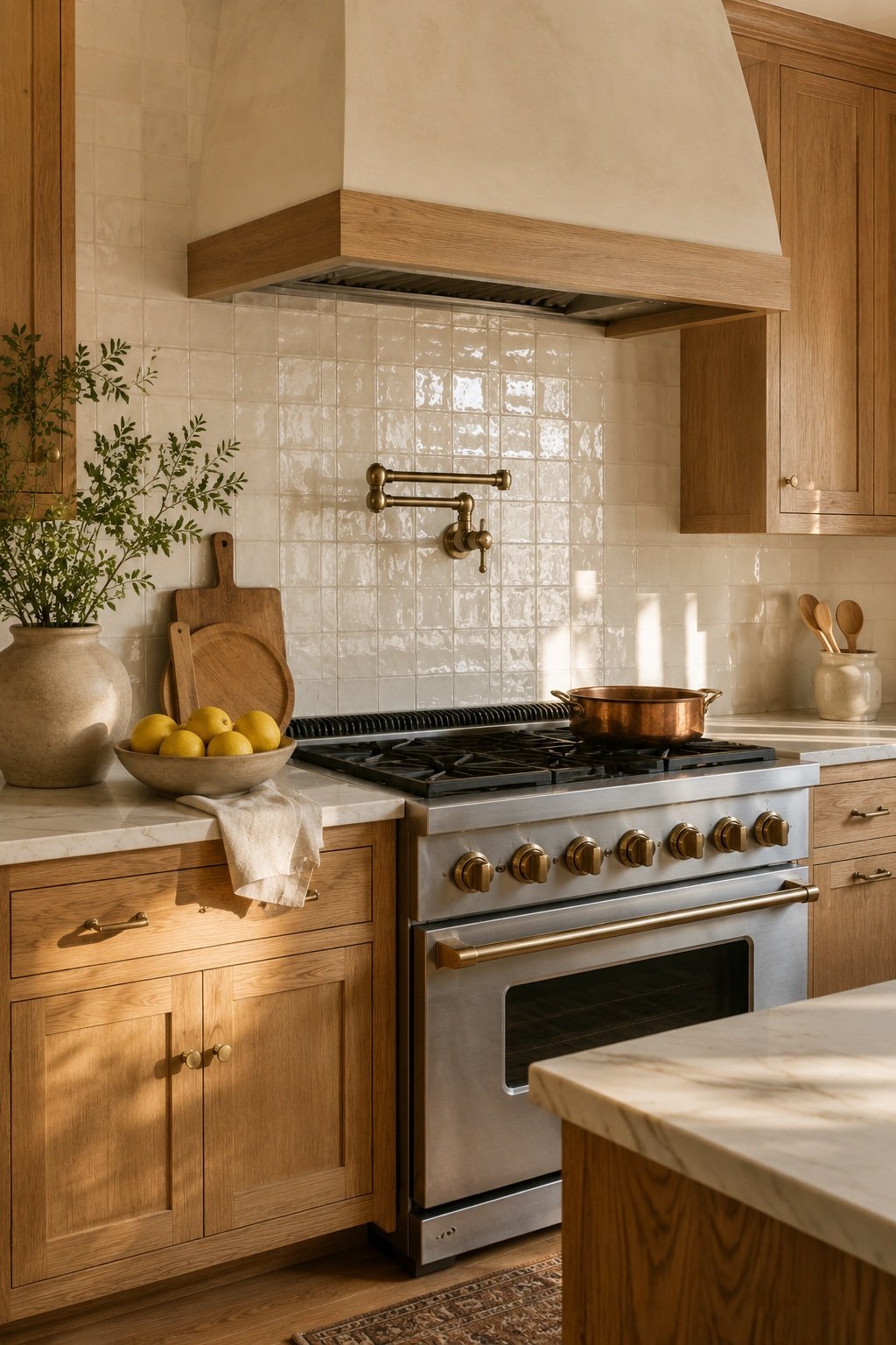 A warm-white handmade zellige backsplash behind a range with warm oak cabinets and brass hardware