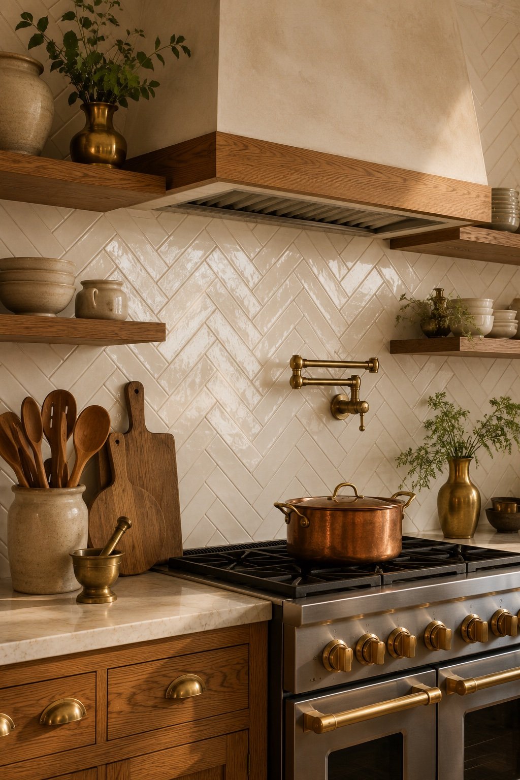 A cream tile backsplash laid in a herringbone pattern, reading custom and old-world