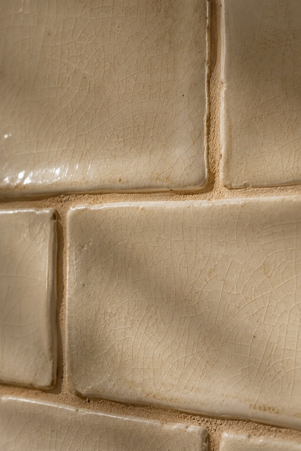 Macro detail of hand-glazed ceramic tile with a fine crackle glaze and warm beige grout