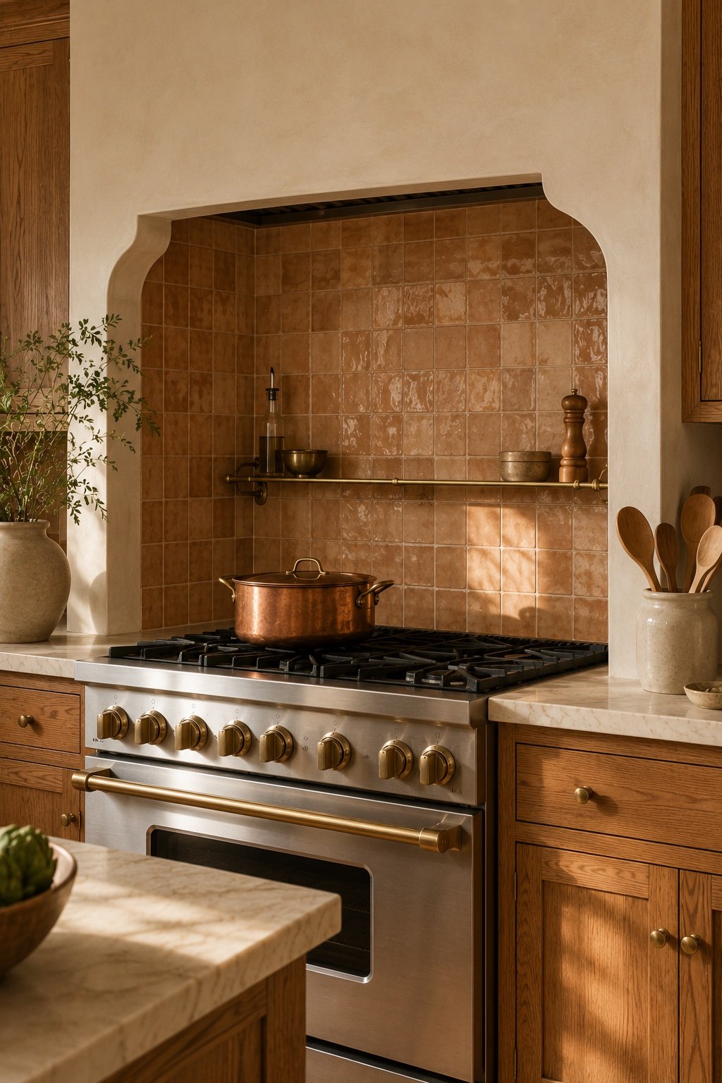 A tiled niche behind a range framing the stove like a hearth, with a small brass shelf