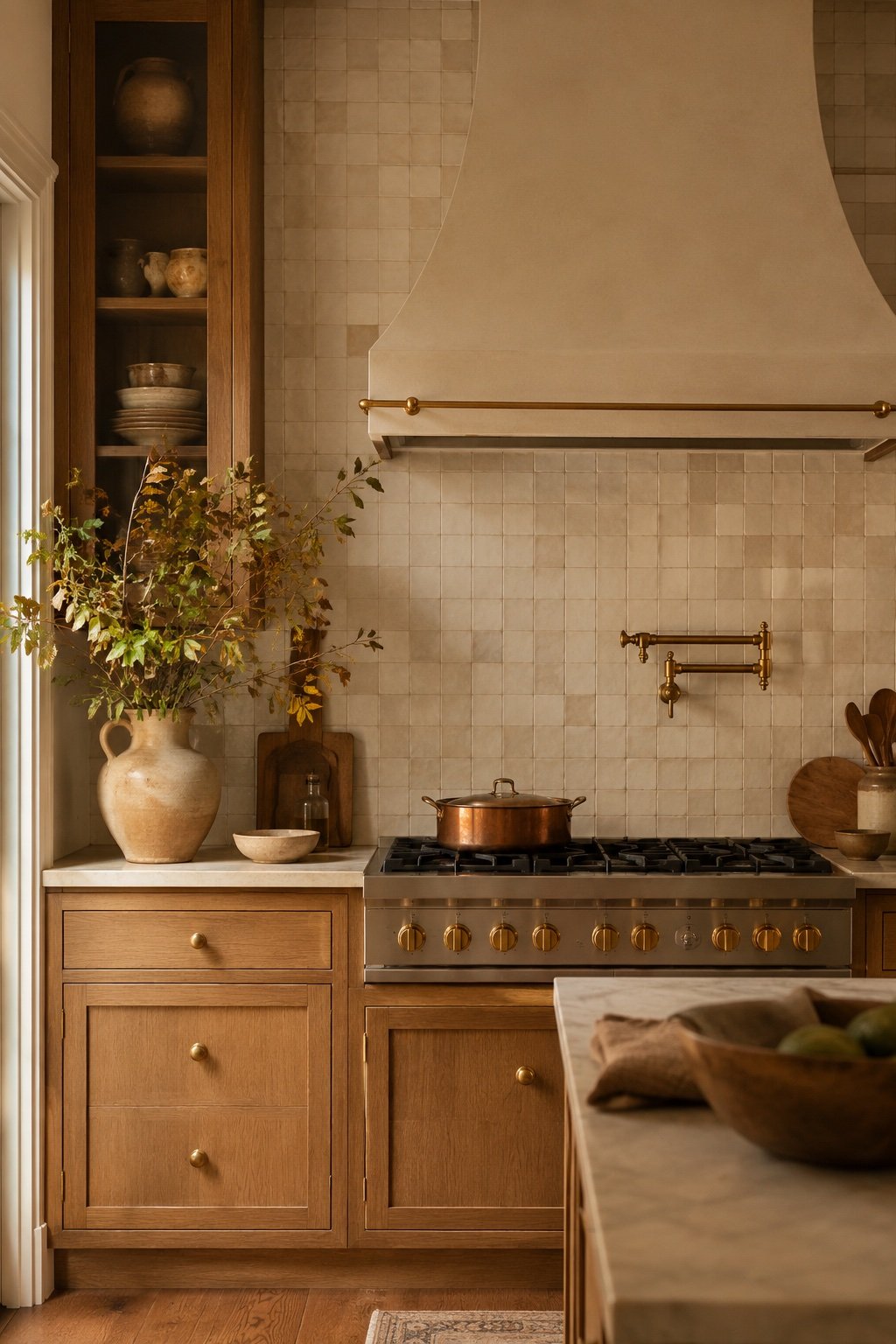 Warm-toned tile run floor to ceiling behind a range like an old-house feature