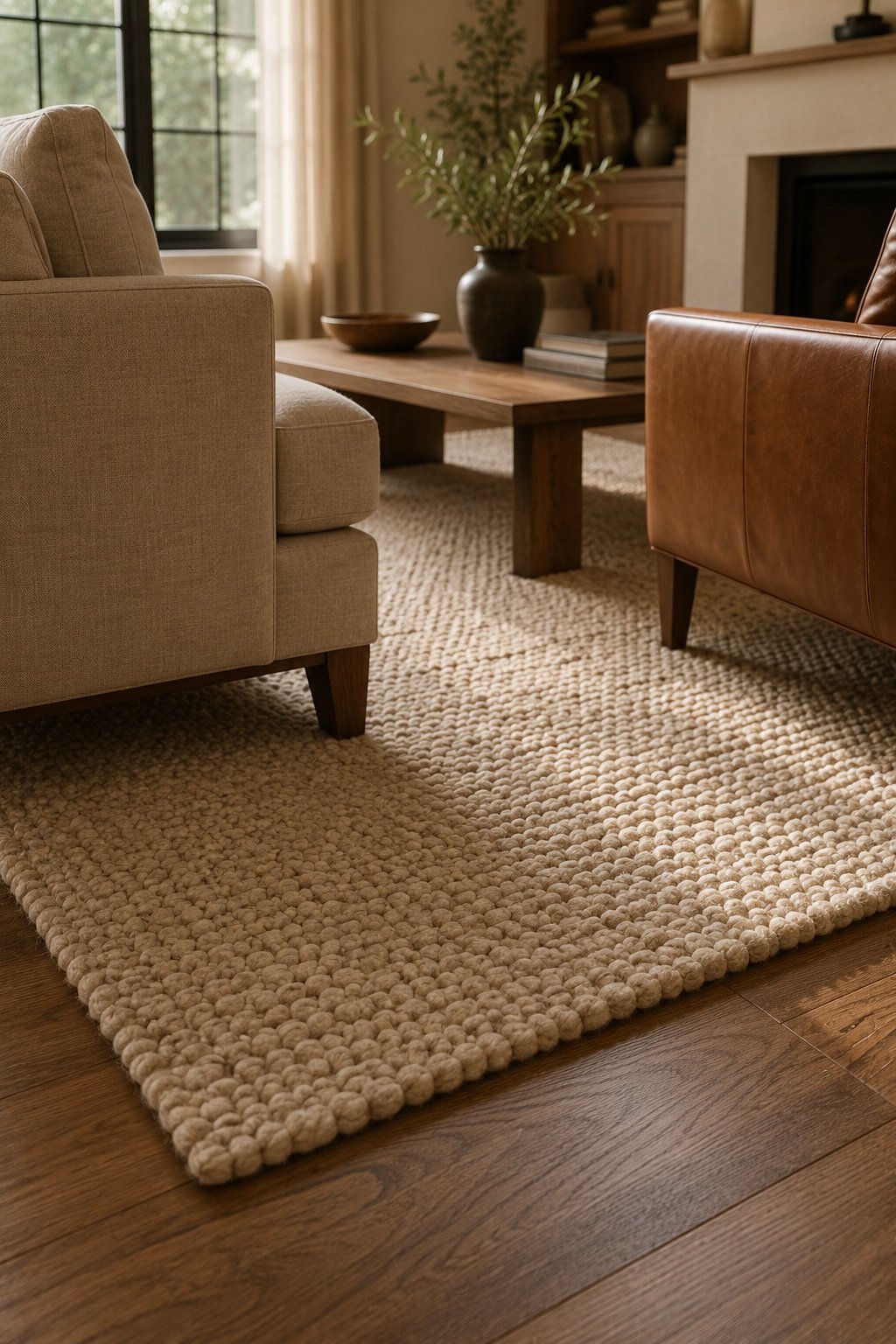 Low view of a large wool rug with the front legs of a linen sofa and a leather armchair resting on it