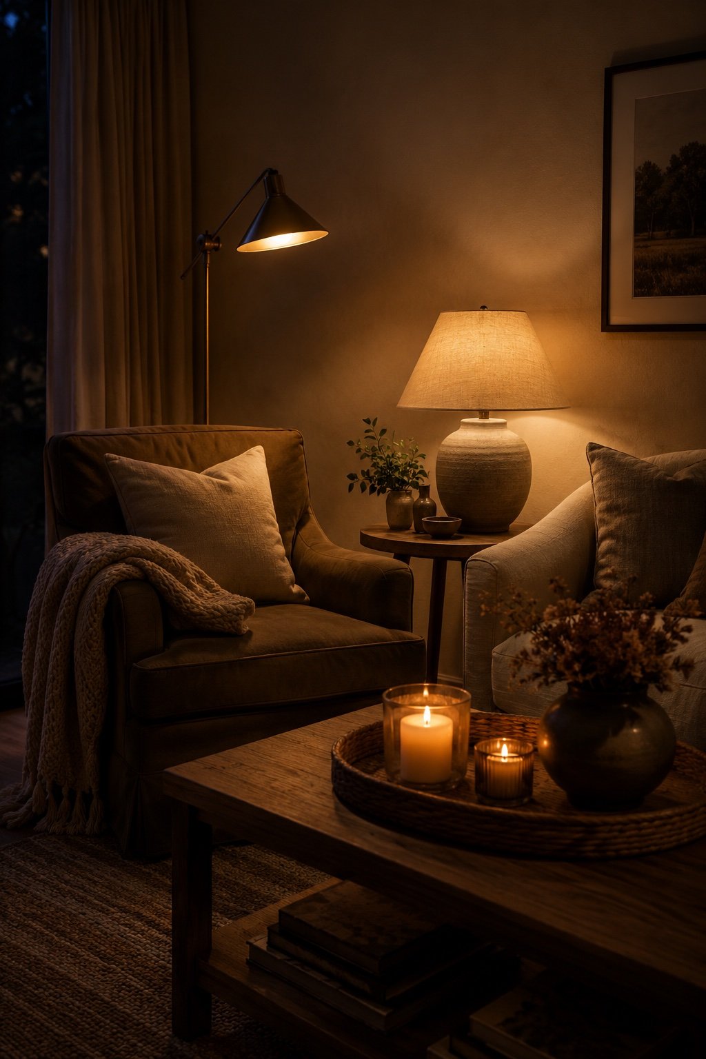 Living room corner at dusk lit by a floor lamp, a table lamp and low candles, overhead off
