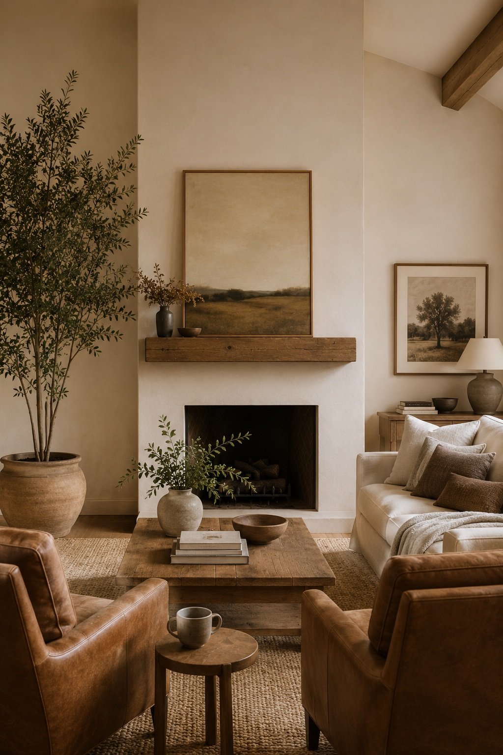 Living room arranged around a plaster fireplace with a large leaning artwork above it