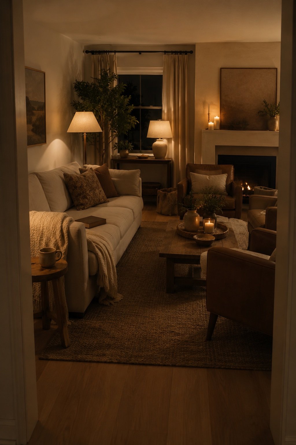 Finished living room in warm evening lamp light with a throw fallen off the sofa arm