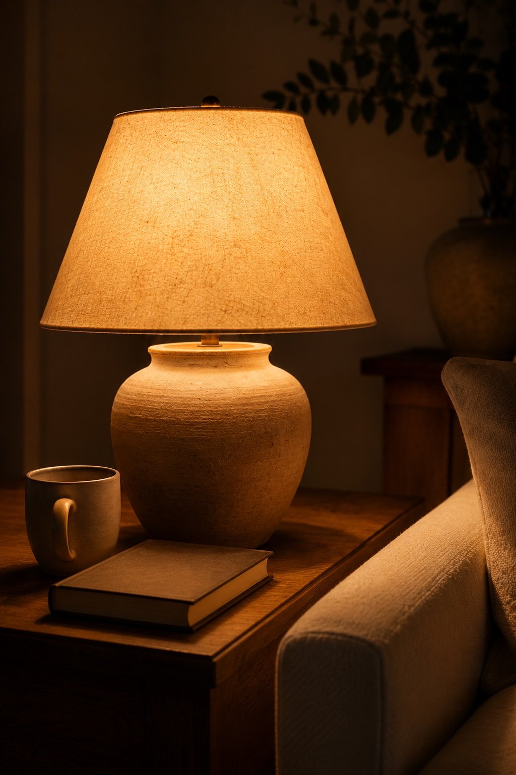 Ceramic table lamp with a cream linen shade glowing warm beside a sofa arm