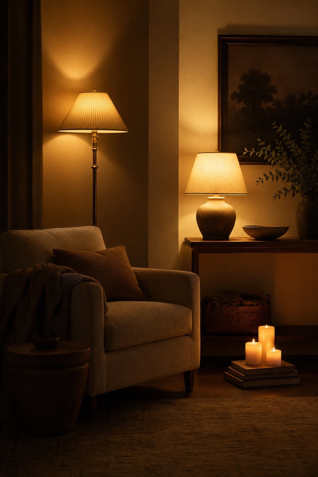 Room corner showing a floor lamp, a table lamp and low candles each casting a warm pool
