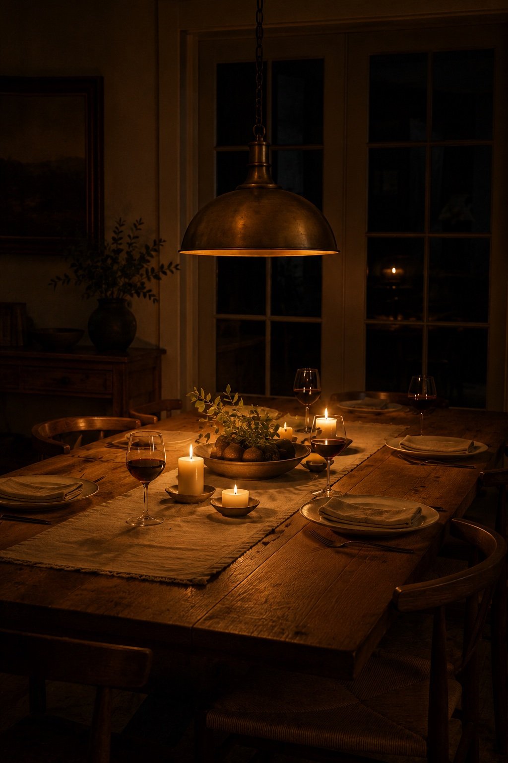 Dining table lit by a single warm pendant hung low plus candles, the room dark beyond