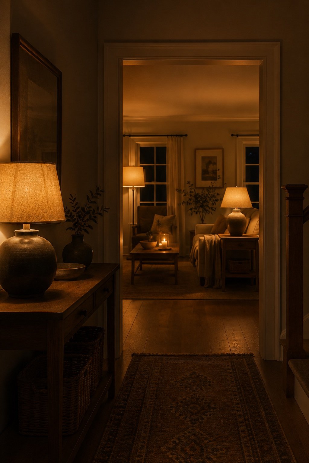 View down a hallway into a living room at night with warm lamps glowing through the doorway