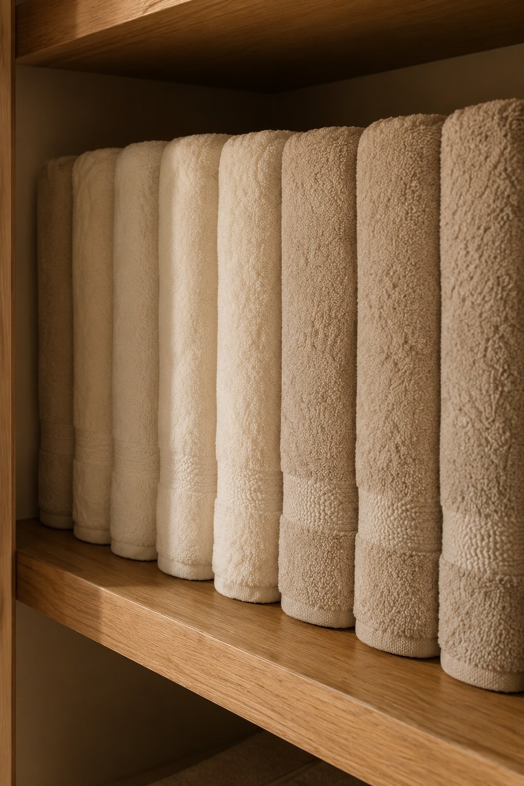 Bath towels folded in thirds and standing on end in a row with perfectly aligned edges