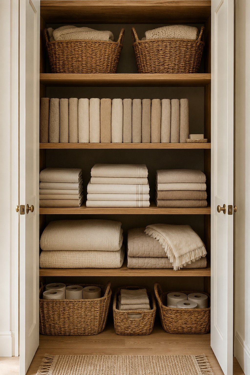 Full-height linen closet showing zones: baskets up top, filed towels at eye level, sheets below