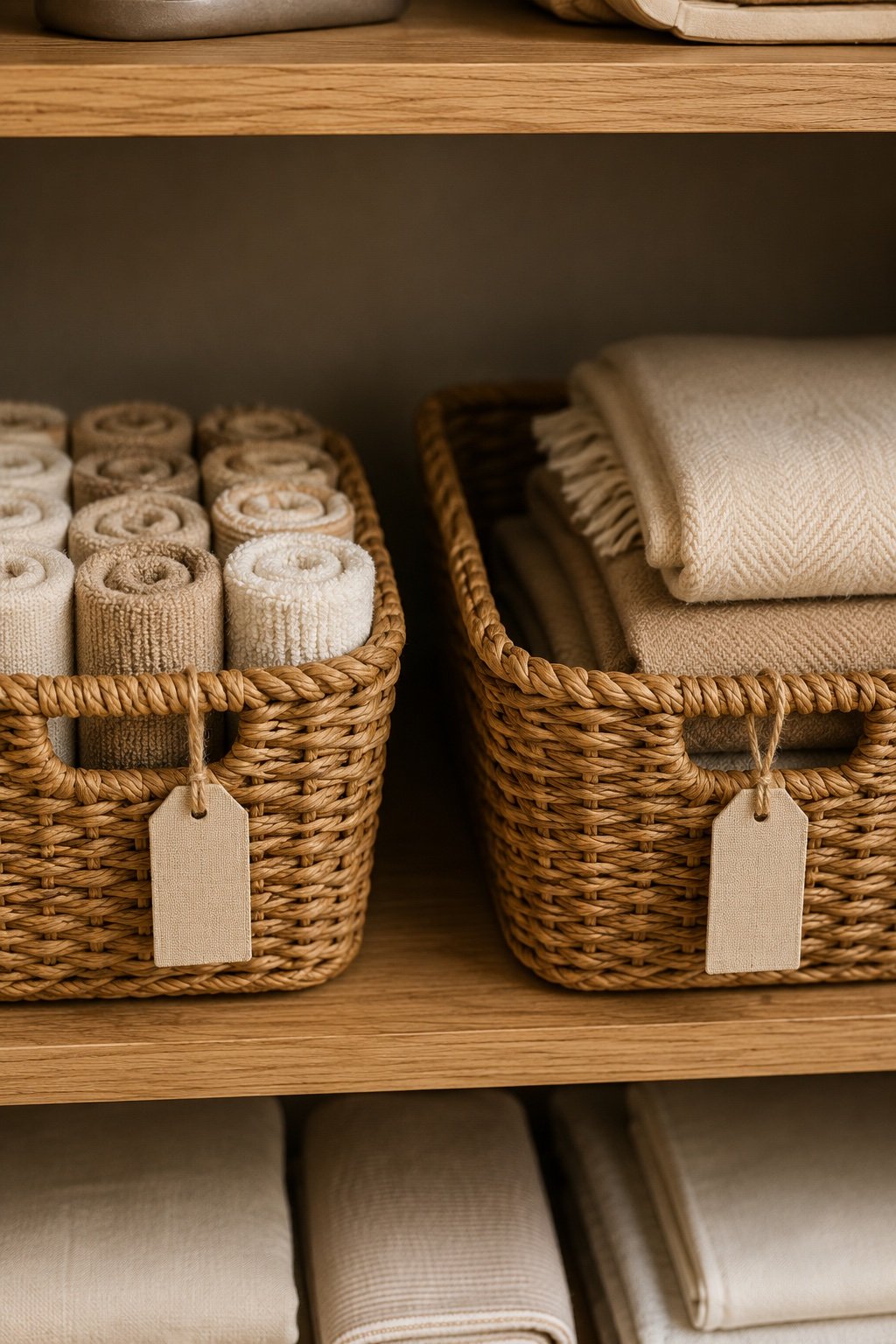 Two woven baskets on a linen closet shelf holding rolled washcloths and folded blankets