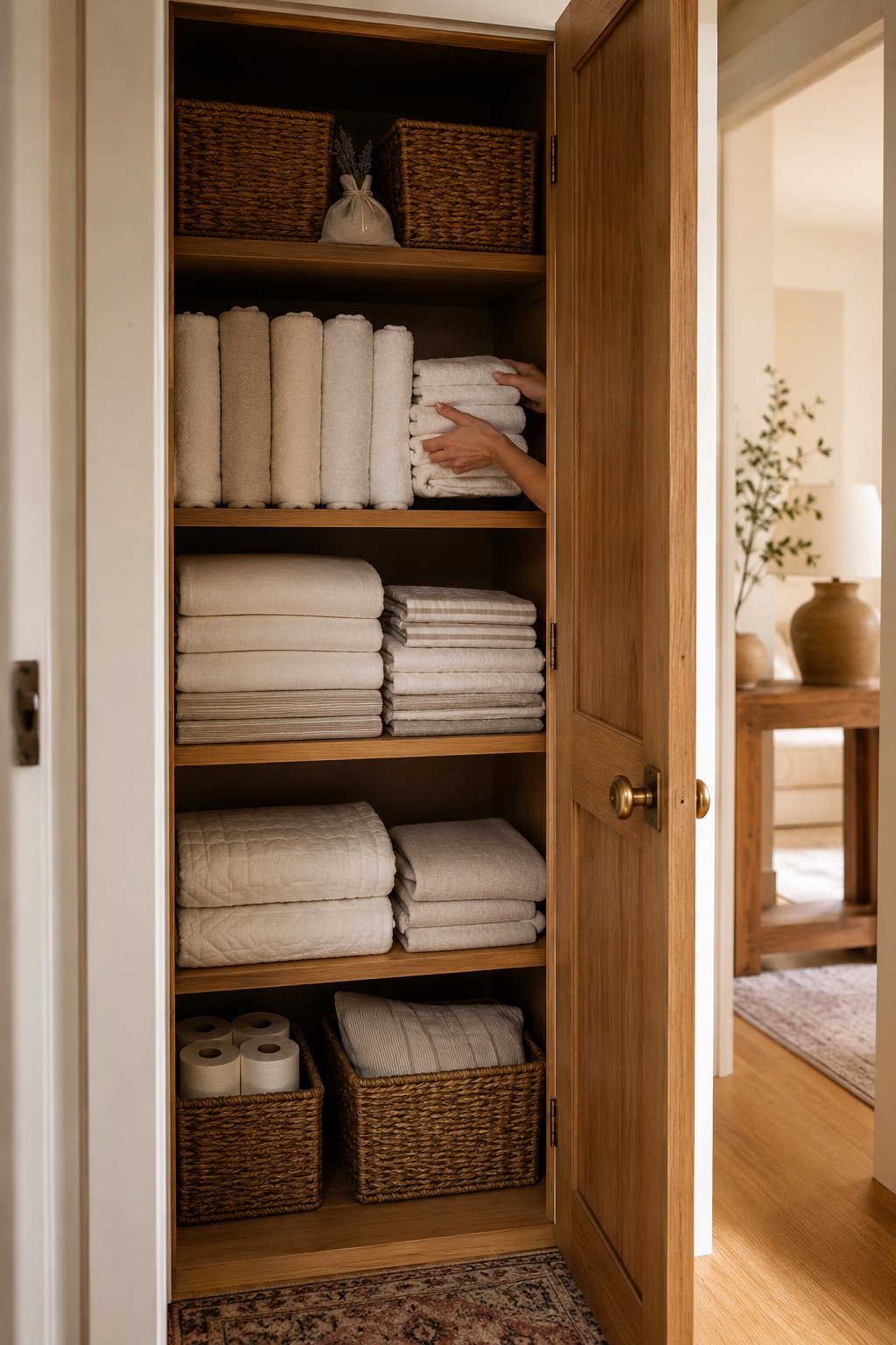 Finished linen closet with clean folded towels being placed at the back of the row