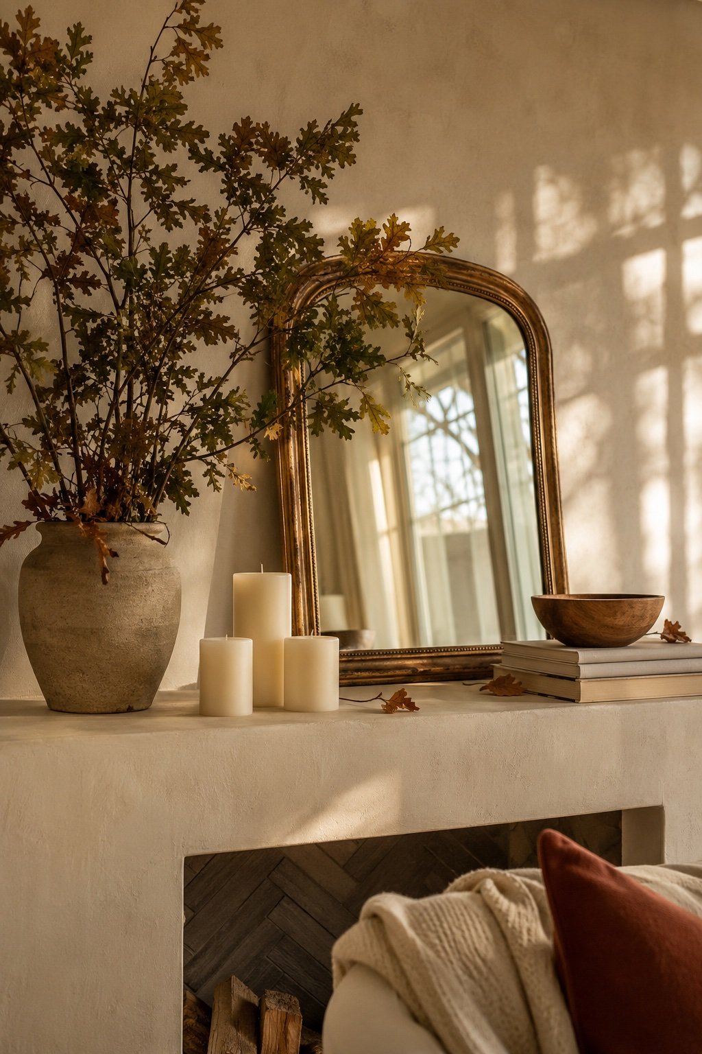 Early fall mantel with a leaning antique mirror, tall oak branches, books and cream pillar candles