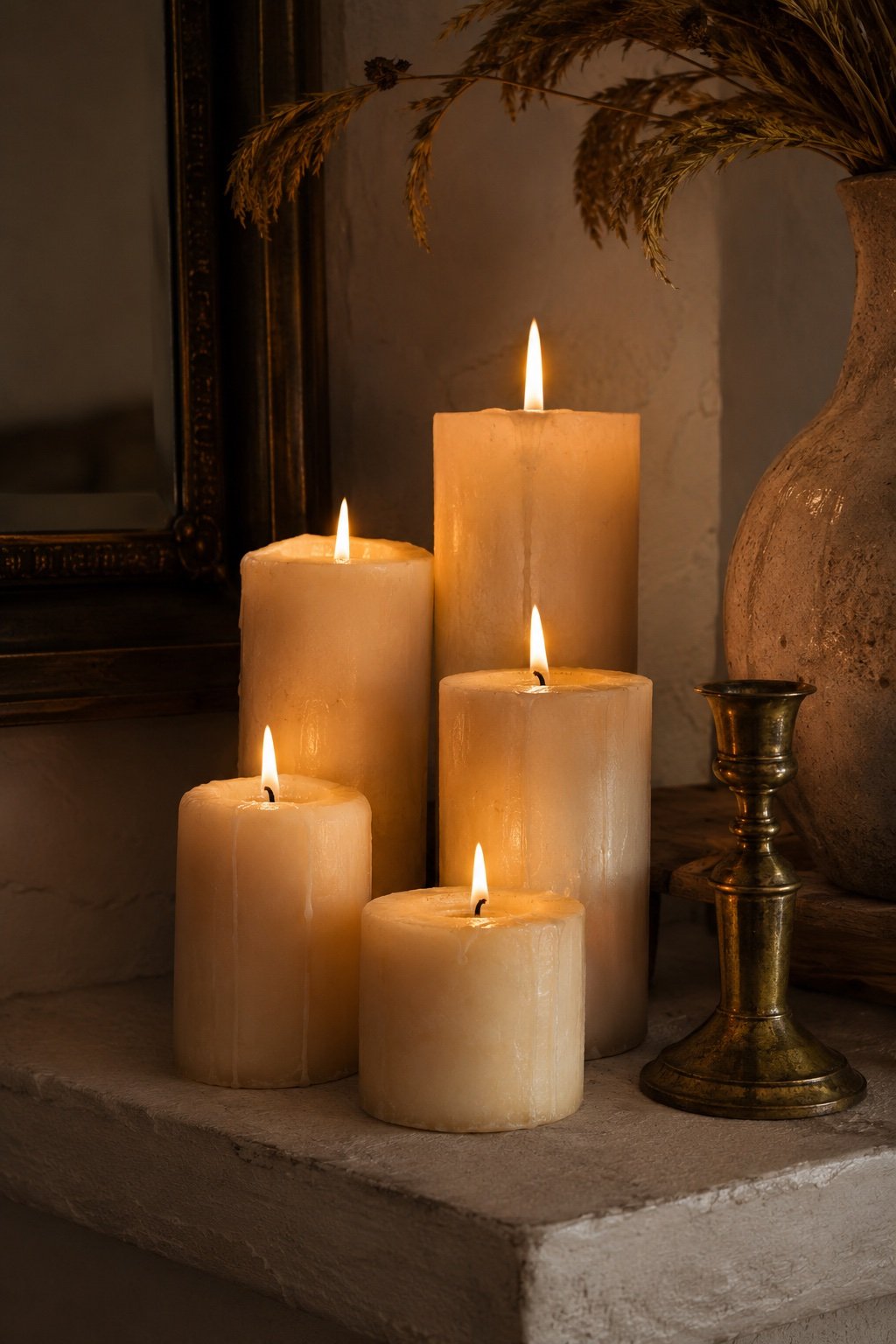 Five cream pillar candles of different heights lit on a mantel beside an aged brass candlestick