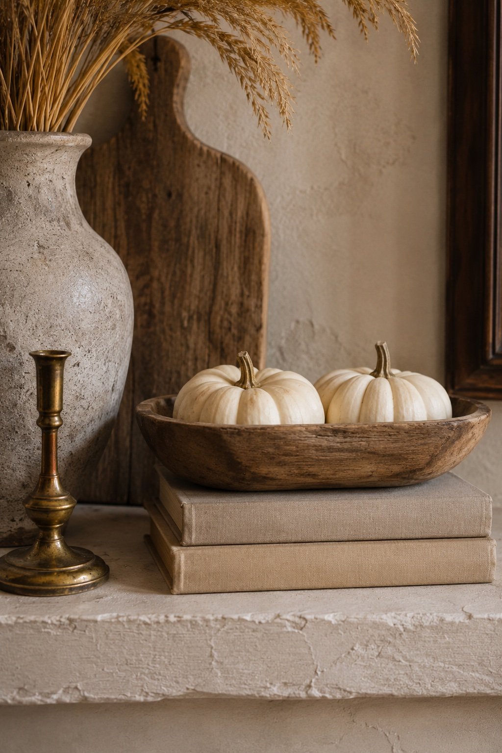 Mantel vignette with a worn dough bowl of bone-white heirloom pumpkins on a flat book stack