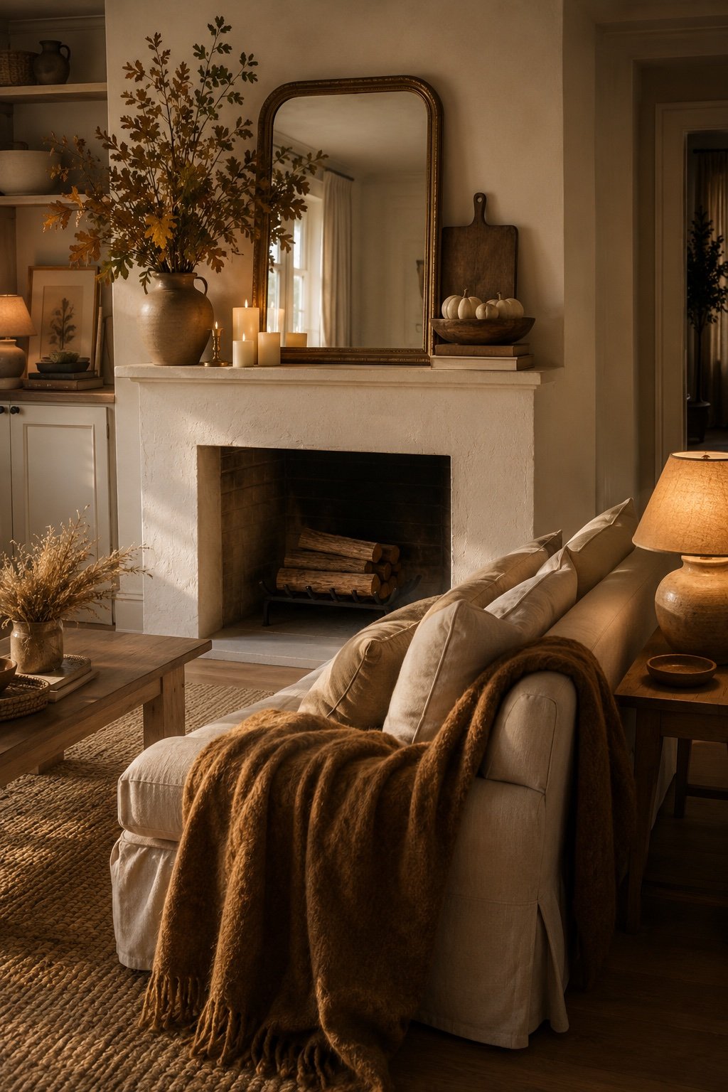 Living room with the finished early fall mantel as the focal point and a caramel throw on the sofa