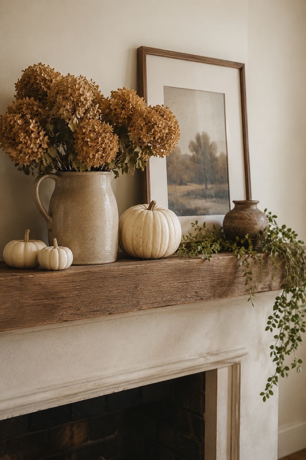 Early fall mantel with dried hydrangea in an old stoneware pitcher, a few white pumpkins and a leaning print