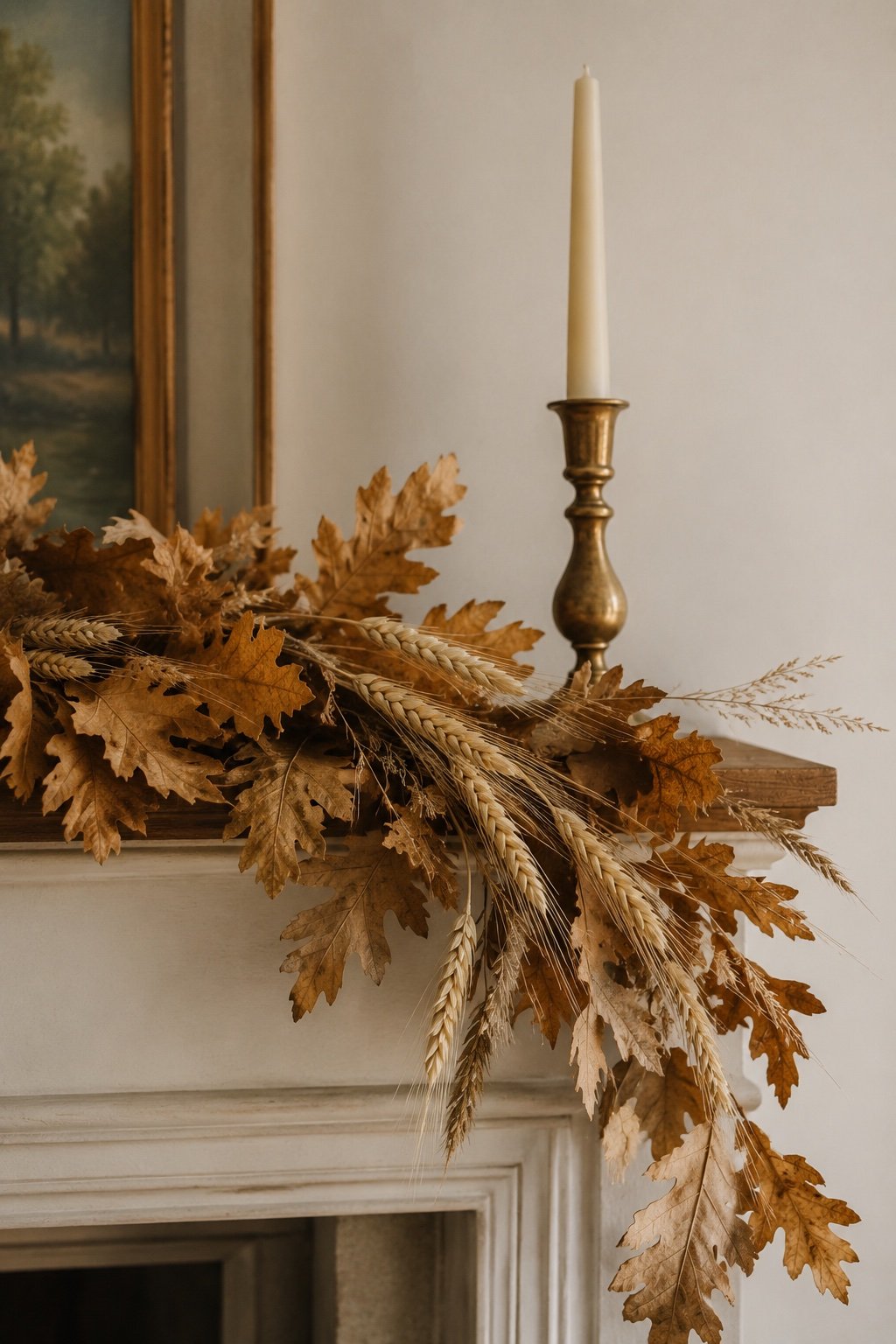 Garland of dried oak leaves and wheat draped asymmetrically on a mantel with a single brass candlestick