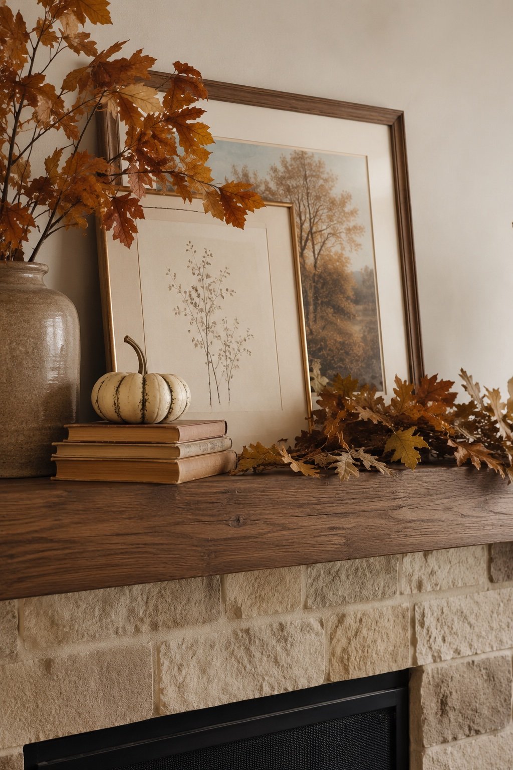 Fall mantel with layered framed art in warm tones, a small gourd and a stack of books