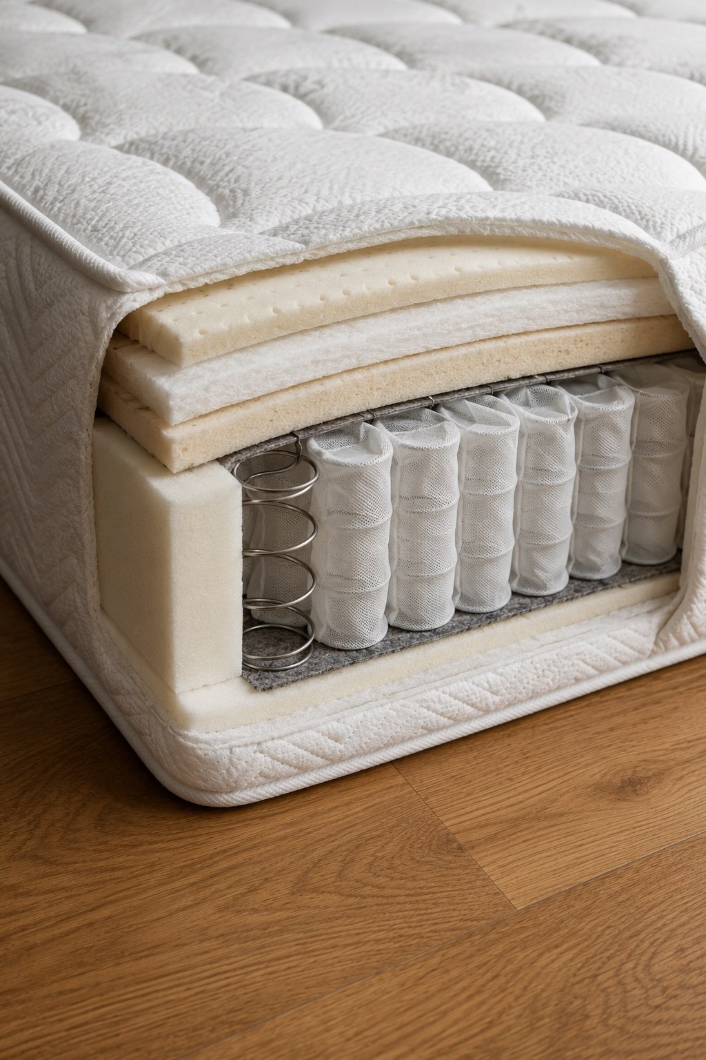 Mattress corner cutaway showing pocketed coils and high-density foam layers