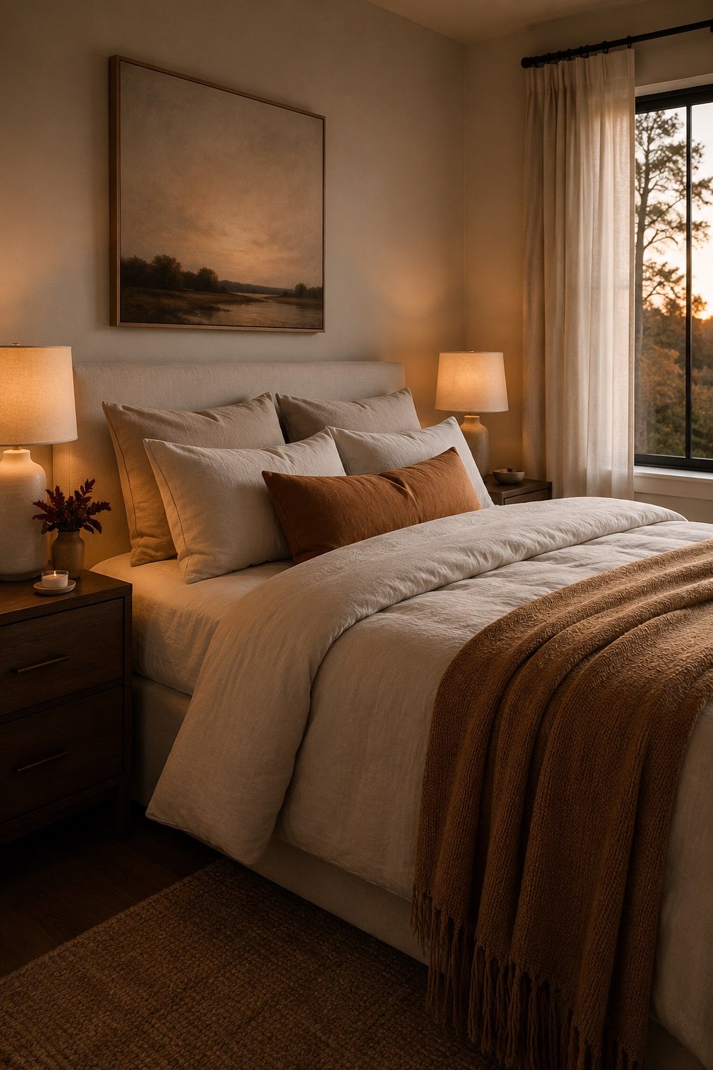 Finished bedroom with the mattress dressed in oatmeal bedding and glowing bedside lamps