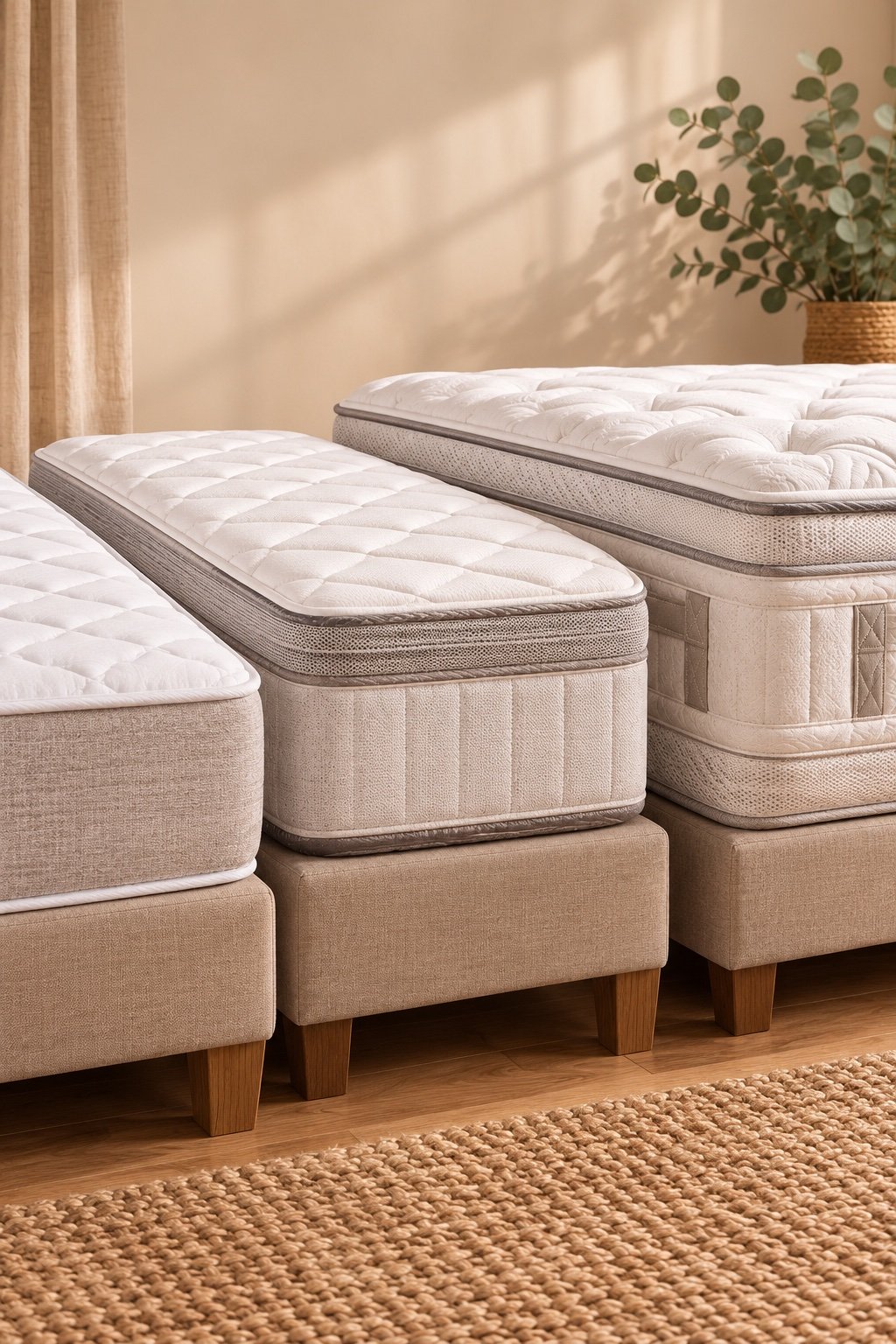 Three unbranded mattress corners side by side showing budget, mid-range and luxury build
