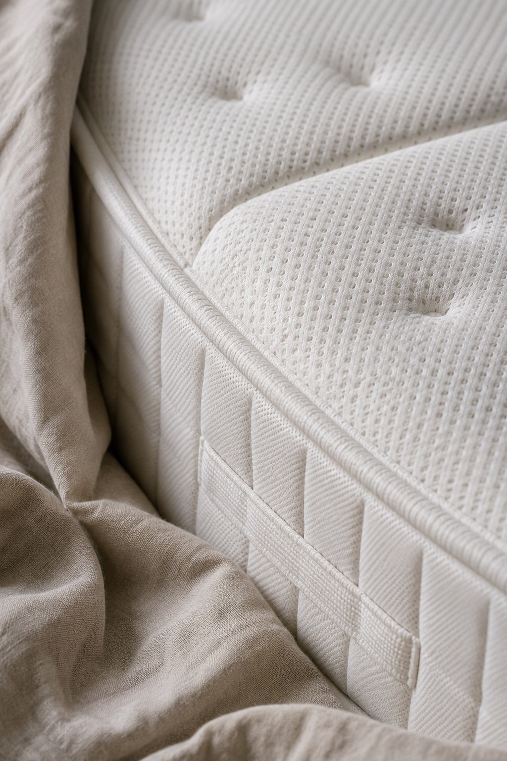 Macro detail of a mattress edge showing reinforced edge support and quilted knit cover