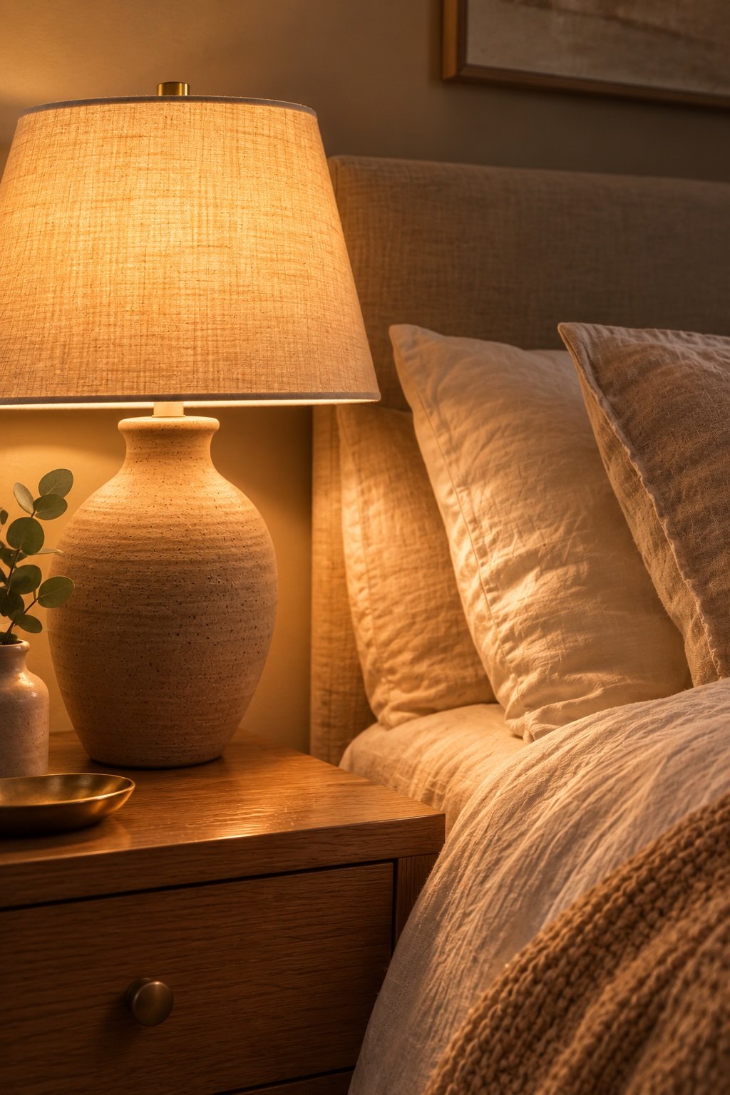 Bedside ceramic lamp with a cream linen shade glowing warm and low over linen bedding
