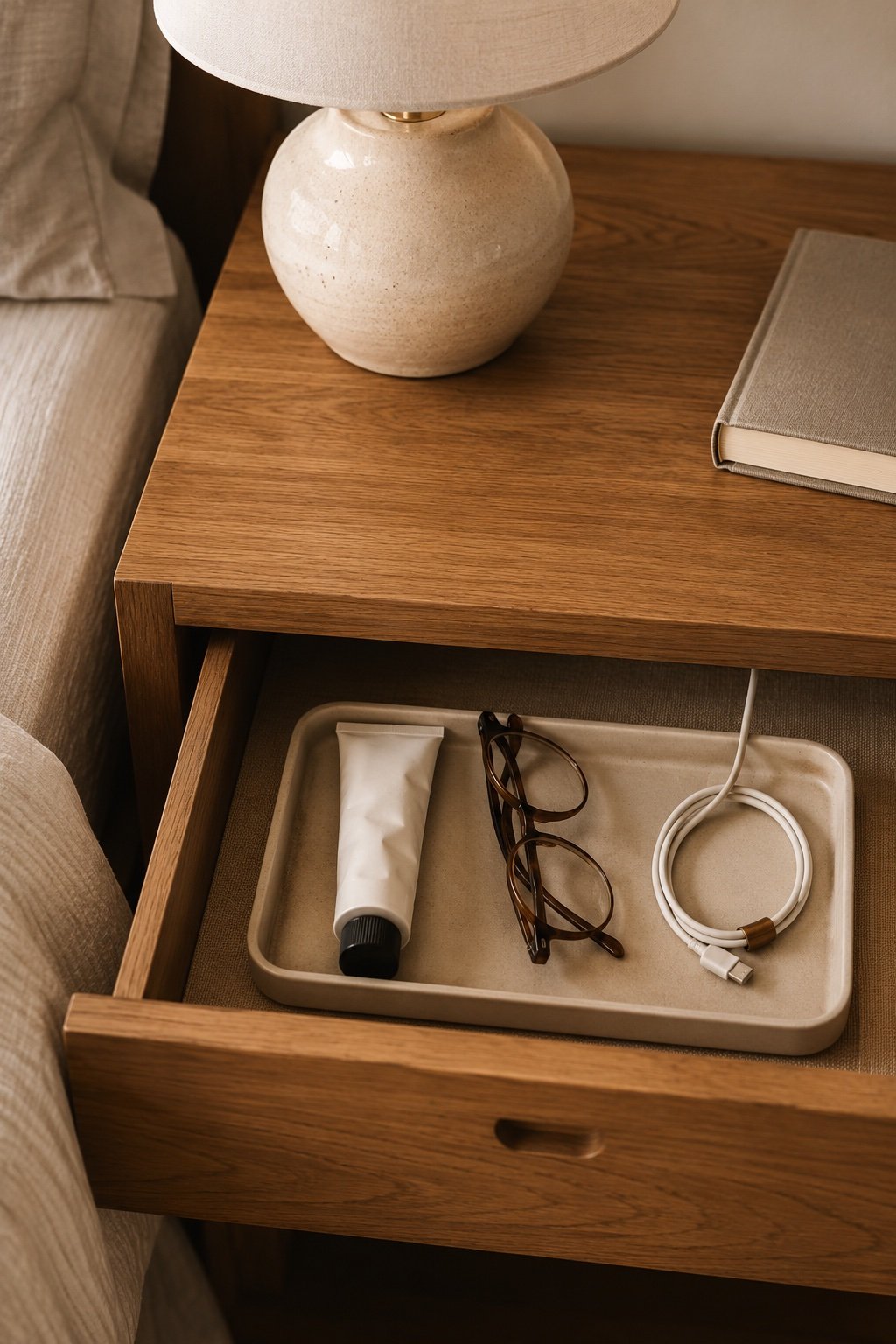 Nightstand drawer open showing a tidy tray inside and a charging cable run over the back edge
