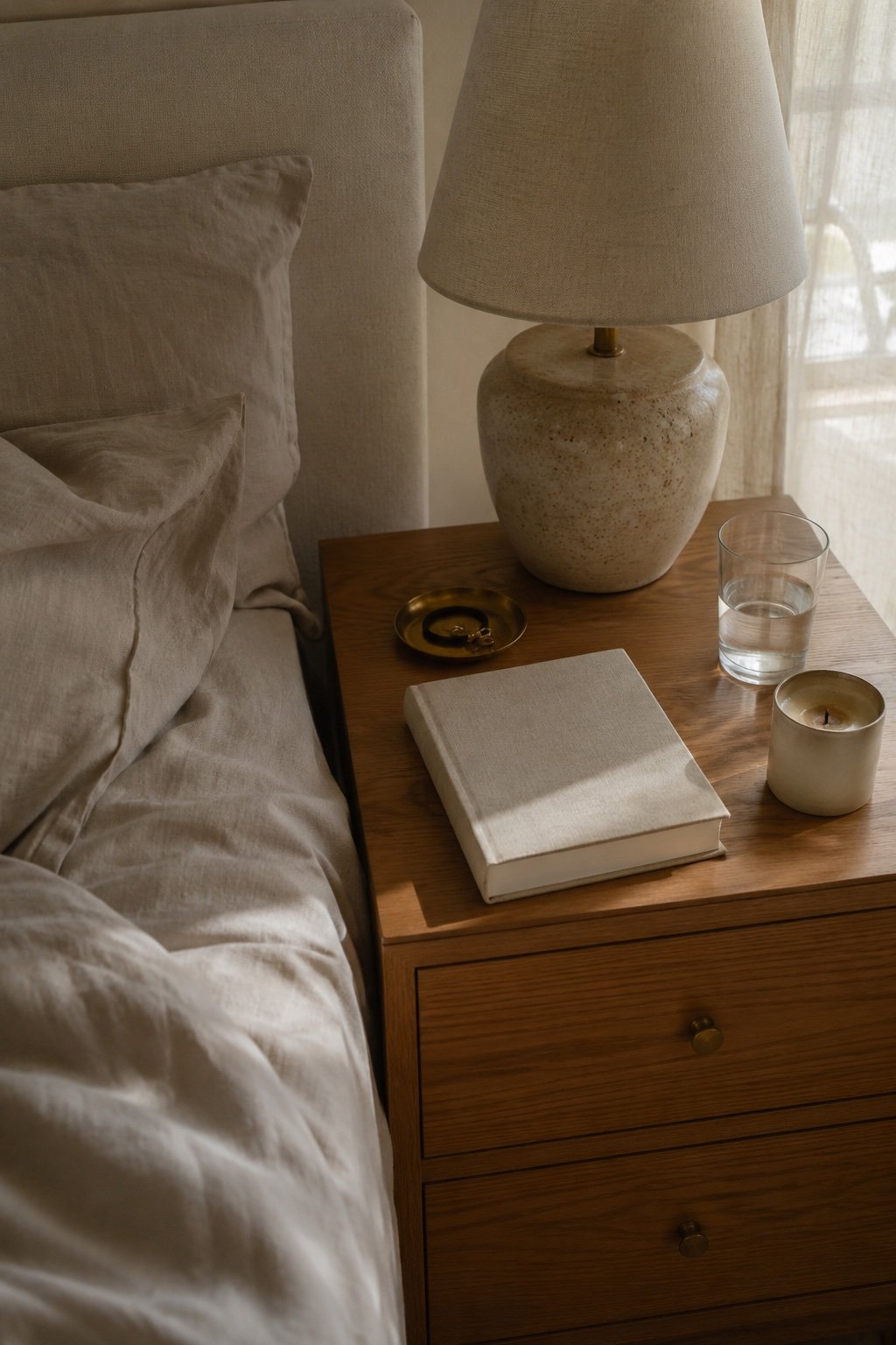 Nightstand in soft morning light with a book face down and a candle burned low