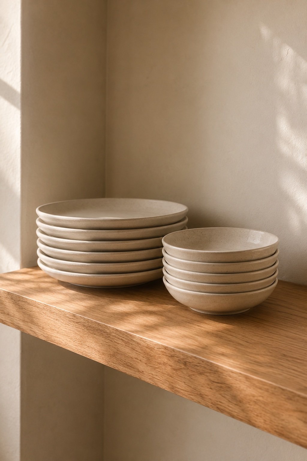 Open shelf detail with a stack of six identical cream stoneware plates and shallow bowls