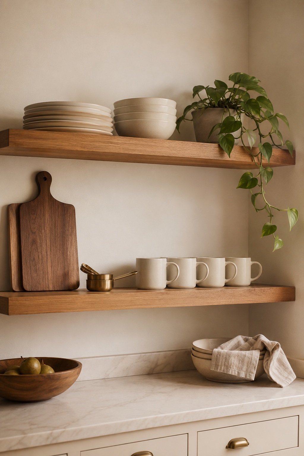 Two styled oak shelves with plates, mugs, a leaned walnut board and a trailing pothos