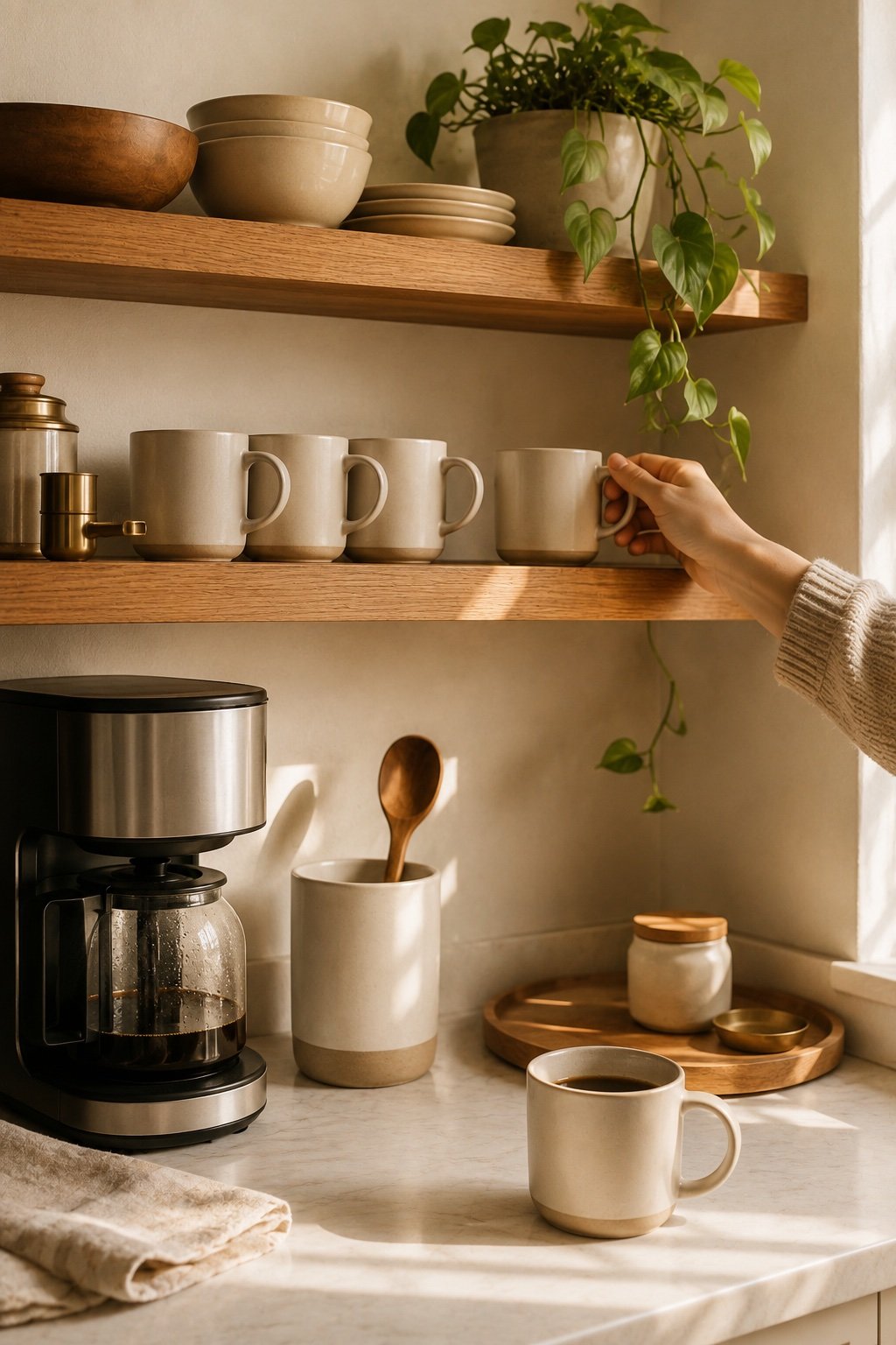 Coffee corner under open shelves with a row of cream mugs and one gap where a mug was taken