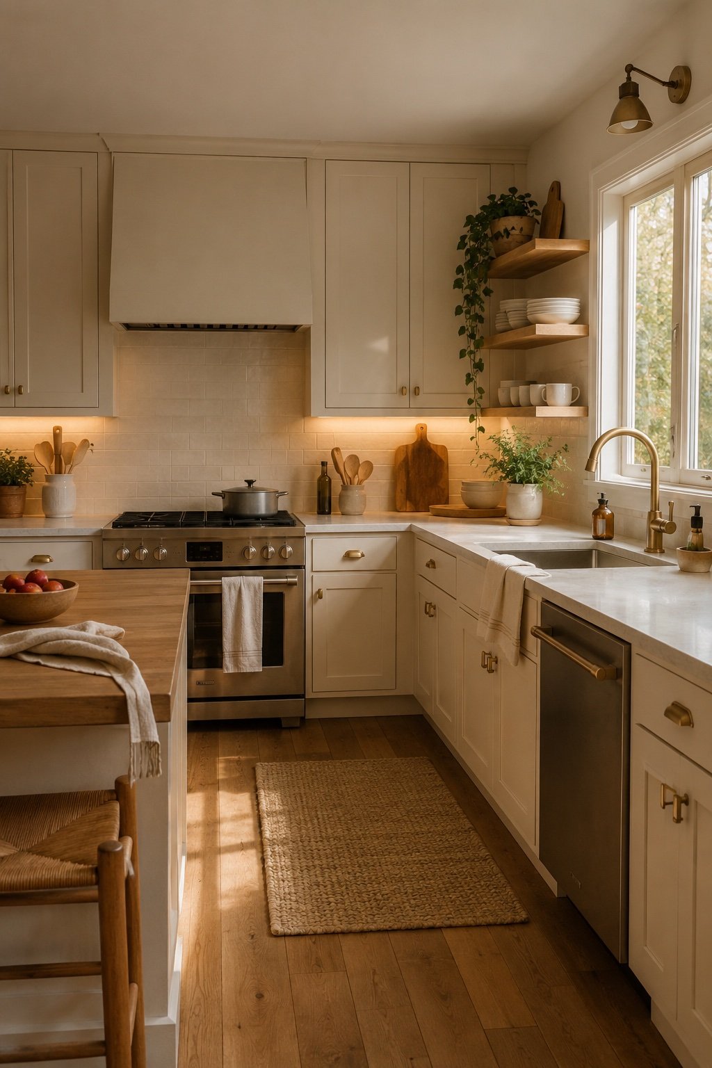 Full kitchen mixing closed cabinets on the range wall with open oak shelves by the window
