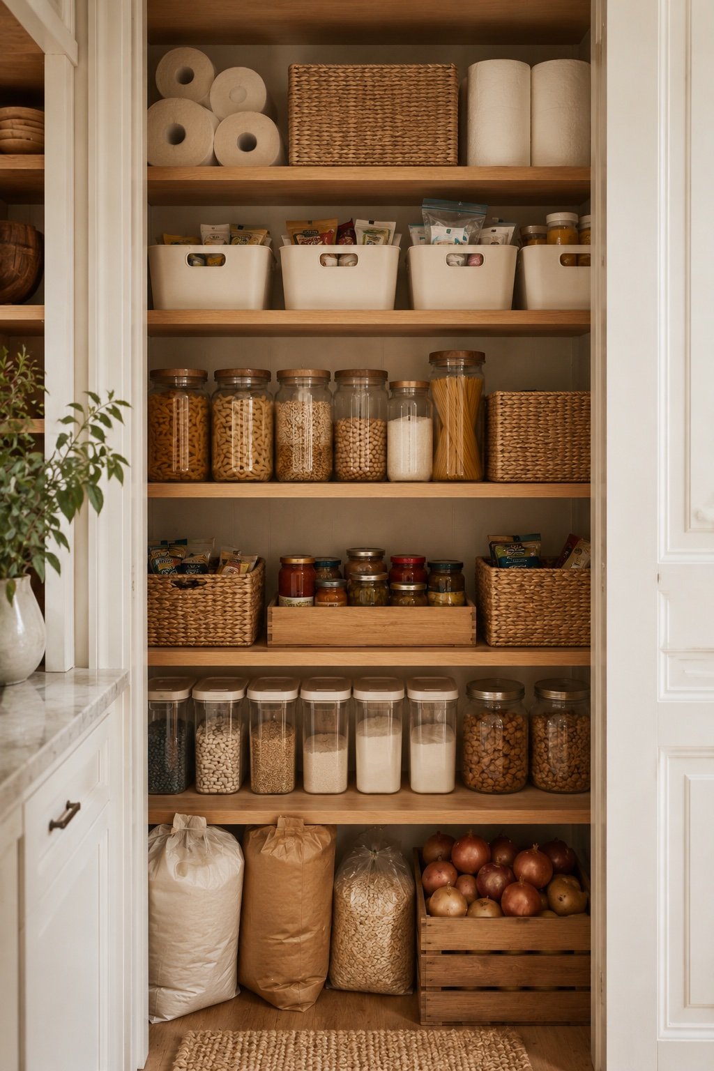 Tall pantry showing zones by height, bulk bags on the floor and light goods on the top shelf