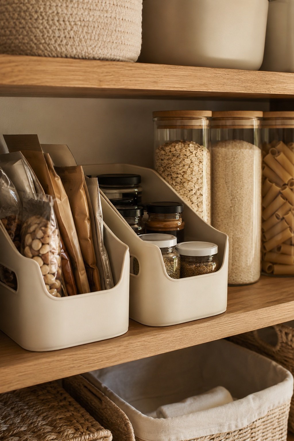 Two open-front bins pulled forward on a shelf beside canisters of oats, rice and pasta