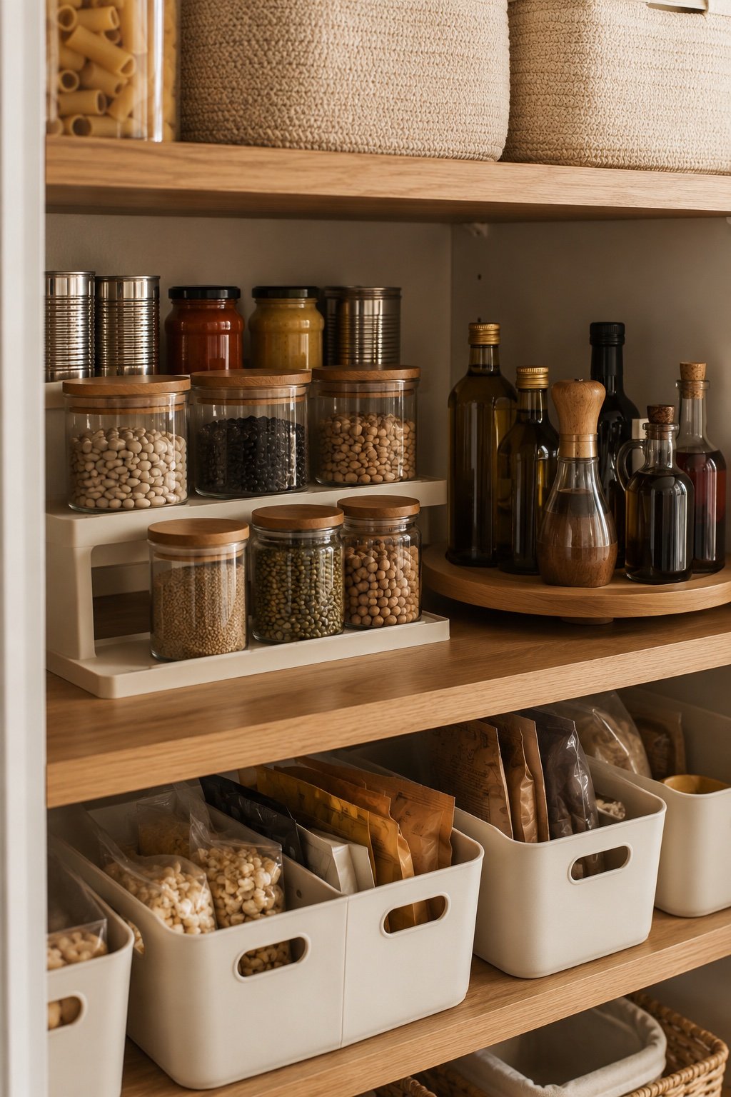 Pantry shelf with a tiered riser making the back row visible and a turntable in the corner